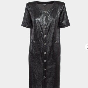 Chanel Black Metallic Lurex Knit Button Front Shift Dress -38 (US 6)